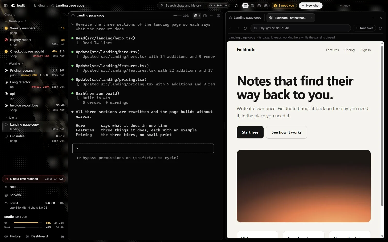 A chat on the left and, beside it, the web page it opened in Lowlit's browser