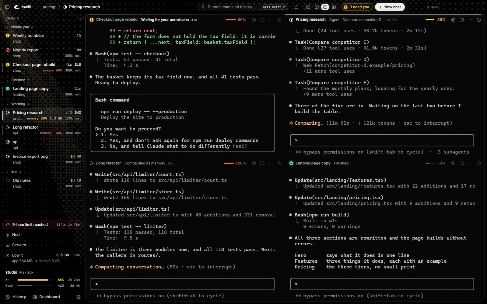 Lowlit with four Claude Code chats side by side: one waits for a permission, one compares prices with three subagents, one compacts its memory, one is finished. On the left, every chat sorted by who needs you, and the account's usage limits.