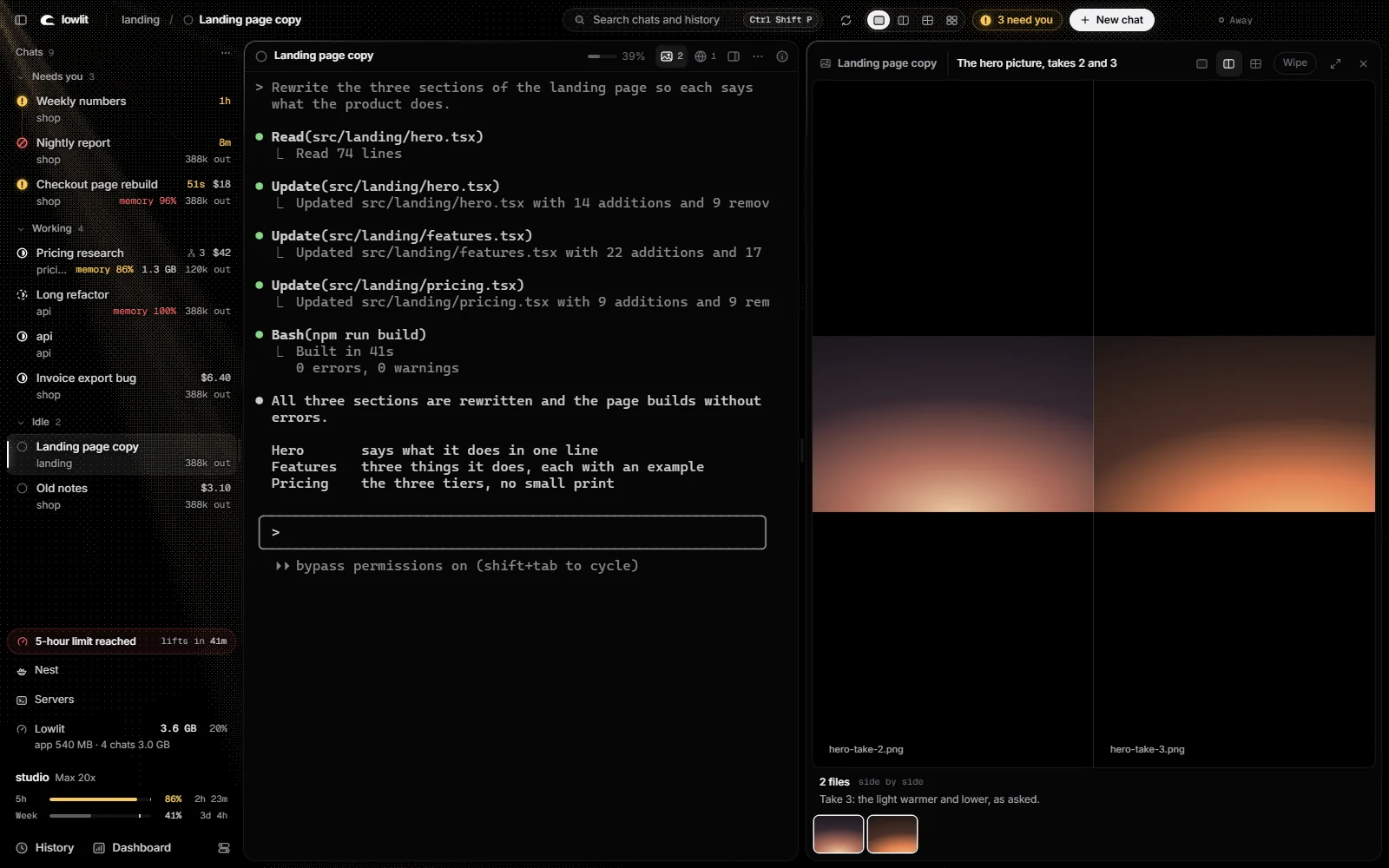 A chat on the left and, beside it, two pictures it made, shown side by side in the Viewer